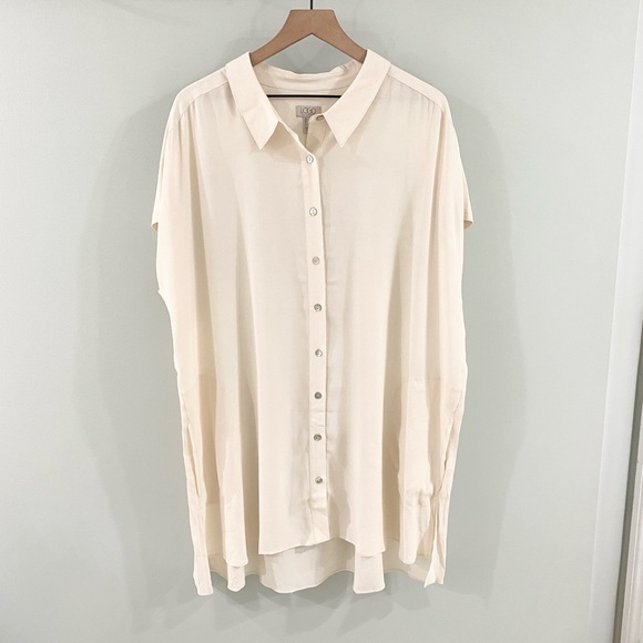 LOGO Lori Goldstein Short Sleeve Button Front Pocket Detail Tunic Size Large